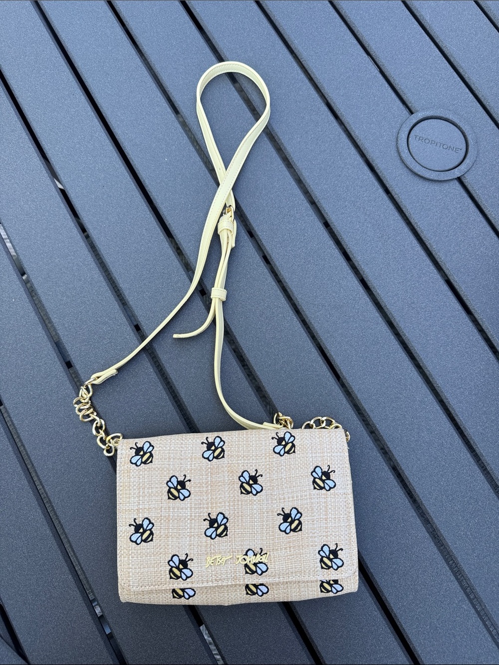 Betsey Johnson Beige Straw Crossbody with Bee Motif and Gold Chain